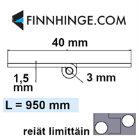 Pianosarana haponkestävä AISI316, 40 x 1,5 x 3 mm, pituus 950 mm, reiät