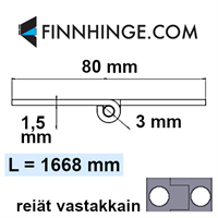 Pianosarana ruostumaton AISI304, 80 x 1.5 x 3 mm, pituus 1668 mm, reiät