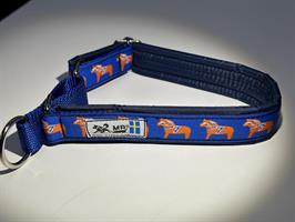 Semi-slip, Blue Padded Dog Collar with Swedish Dalahorse motive