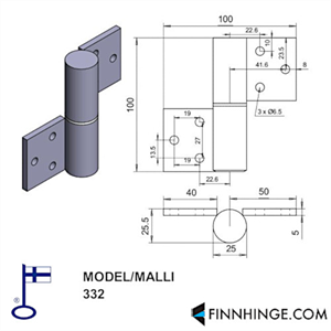 332 AISI316 L - POM-laakeroitu sarana rei'illä 100 x 100 x 25 mm, haponkestävä, vasen
