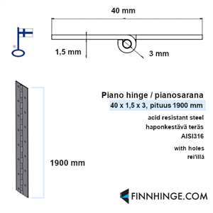 Pianosarana haponkestävä AISI316, 40 x 1,5 x 3 mm, pituus 1900 mm, reiät