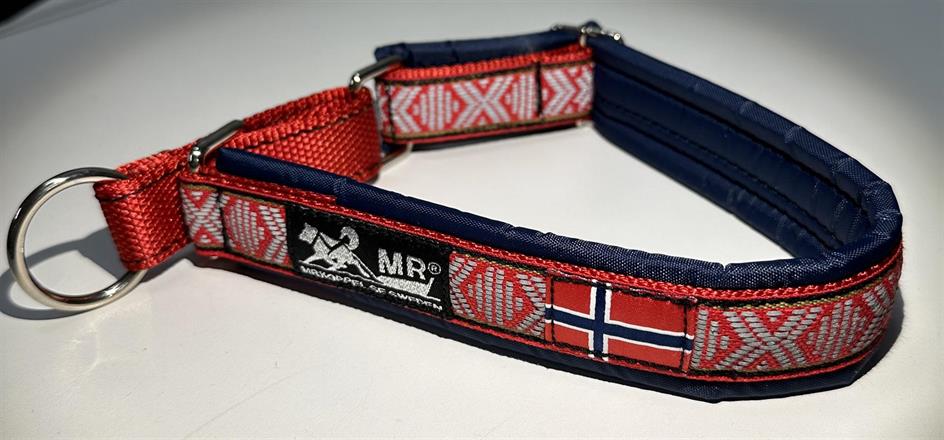 Halsband halvstryp I Norges färger och flagga. Röd mönstrad reflex med blått foder