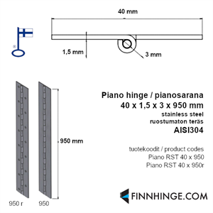 Pianosarana ruostumaton AISI304, 40 x 1,5 x 3 mm, pituus 950 mm, ei reikiä