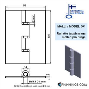 301.1 - Rullattu tappisarana kuumasinkitettäviin rakenteisiin, 102 x 76 mm, teräs, ei reikiä