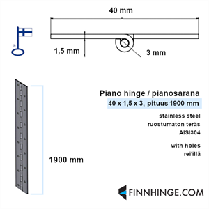 Pianosarana ruostumaton AISI304, 40 x 1,5 x 3 mm, pituus 1900 mm, reiät