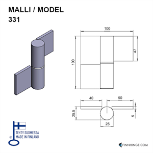 331 L - Kuula- ja neulalaakeroitu sarana, 100 x 100 x 25 mm, teräs, vasen