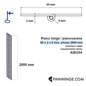 Pianosarana ruostumaton AISI304, 60 x 2 x 6 mm, pituus 2000 mm, ei reikiä 