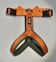Cykel/spår sele I Orange band med grönt mjukt konstläder 