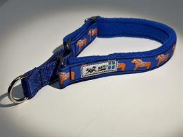 Semi-slip, Blue Fleece Padded Dog Collar with Swedish Dalahorse motive