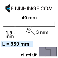 Pianosarana haponkestävä AISI316, 40 x 1,5 x 3 mm, pituus 950 mm, ei reikiä