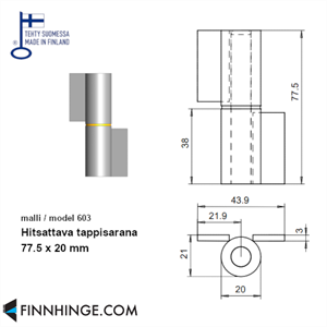 603rst R - Hitsattava tappisarana 77.5 x 20 mm, ruostumaton teräs AISI304, oikea