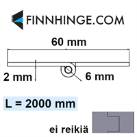 Pianosarana ruostumaton AISI304, 60 x 2 x 6 mm, pituus 2000 mm, ei reikiä 