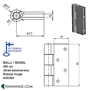 450rst - Järeä kansisarana 60 x 3 x 10 x 85 mm, reiät, ruostumaton teräs AISI304