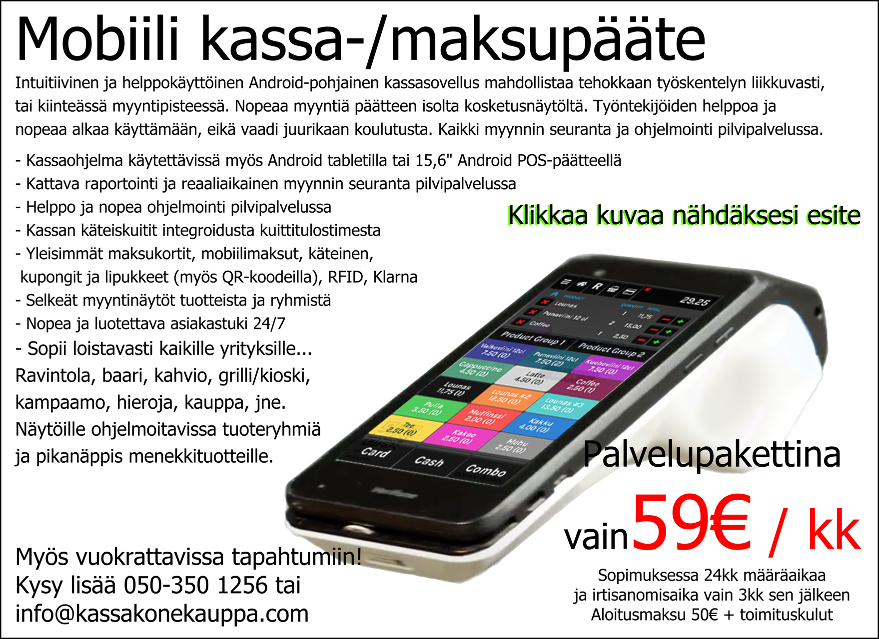 Mobiili kassa- ja maksupääte. Kassakone tapahtuma vuokraus.