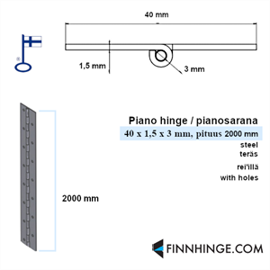 Pianosarana teräs 40 x 1,5 x 3 mm pinna, pituus 2000 mm, reiät