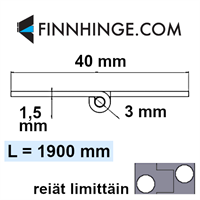 Pianosarana ruostumaton AISI304, 40 x 1,5 x 3 mm, pituus 1900 mm, reiät