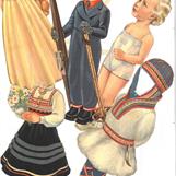 Papirdukkemodell av prinsesse Ragnhild med fire antrekk til å feste på dukken.