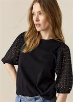 Summum Woman T-Shirt with English Embroidery and Puff Sleeves, Black