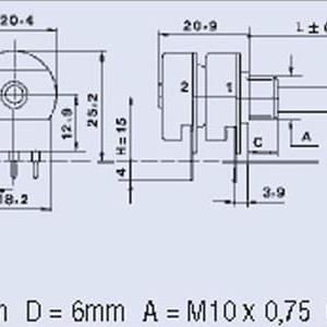 Potensiometer 2x22KA LOG D20 Aksel 6x43mm Plast