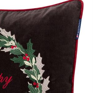 Lexington Holly Wreath Embroidered Cotton Velvet Pillow Cover, Dk Gray/Green/Red