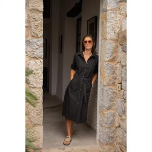 Blue Dixi Cotton Linen Dress, Black