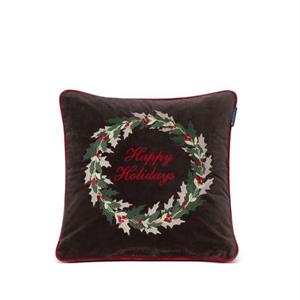 Lexington Holly Wreath Embroidered Cotton Velvet Pillow Cover, Dk Gray/Green/Red