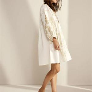 Summum Woman Dress Gold Embroidery Cotton, Off White
