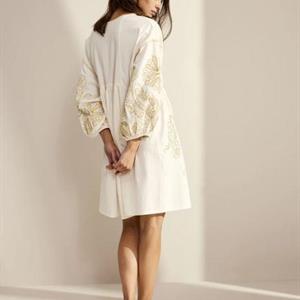 Summum Woman Dress Gold Embroidery Cotton, Off White