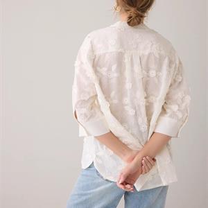 Summum Woman 3/4 sleeve blouse 3D Flower cotton, Off White