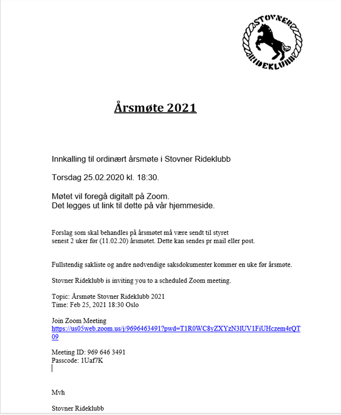Innkalling til ordinært årsmøte i Stovner Rideklubb 2021