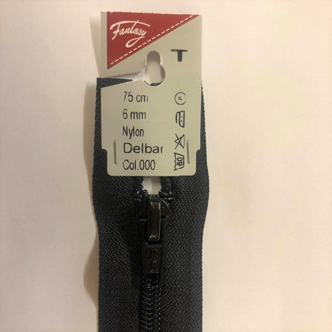 Glidlås. Delbar. Sort. (75 cm, 6 mm, nylon)