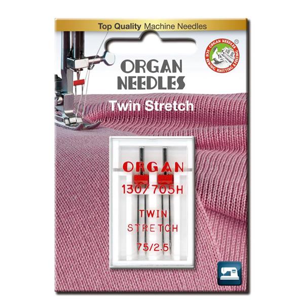 Nål Organ Tvilling Stretch 2,5mm 75, 2-pakk