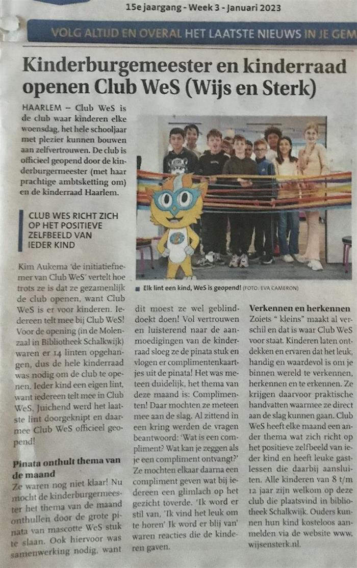 In de #krant! Opening Club WeS door kinderburgemeester en kinderraad Haarlem