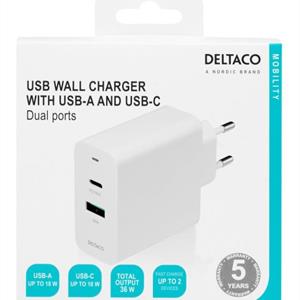 Deltaco USB väggladdare 1x USB-A/1x USB-C PD 36 W vit