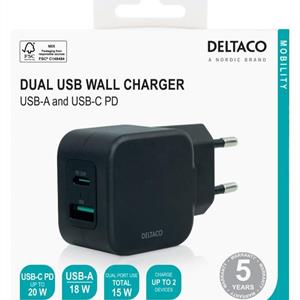 Deltaco USB wall charger, 1x USB-A/1x USB-C PD Svart