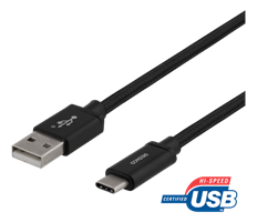DELTACO USB-A till USB-C-kabel, 2m, USB 2.0, flätad, svart