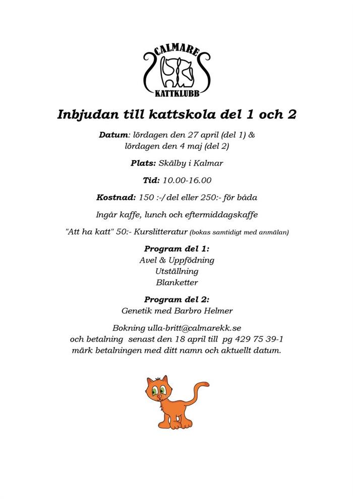 Välkommen på kattskola 27/4 & 4/5