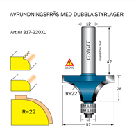 Avrundningsfräs  R=22 / D=57 / L=28 / Dubbla styrlager M-135