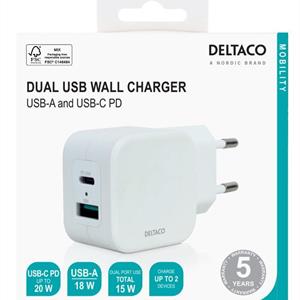 Deltaco USB wall charger, 1x USB-A/1x USB-C PD Vit