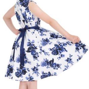Barn Rockabilly klänning Vit/Blå blommor