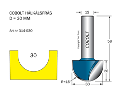 Hålkälsfräs R=15 D=30 L=20 TL=58 S=12