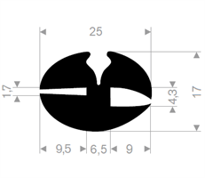 Klemprofil 4,3+1,7 EPDM sort - 25 meter