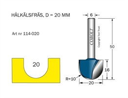 Hålkälsfräs R=10 D=20 L=16 TL=50 S=6