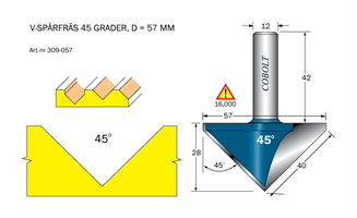 V-spårfräs 45° L=27 F=40 D=57 S=12