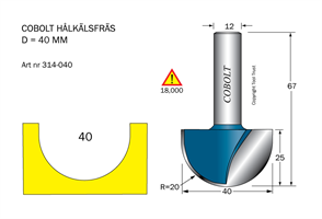 Hålkälsfräs R=20 D=40 L=25 TL=67 S=12