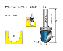 Mallfräs hålkäl R=10 D=20 L=20 TL=58 S=8