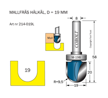 Mallfräs hålkäl R=9.5 D=19 L=20 TL=58 S=8