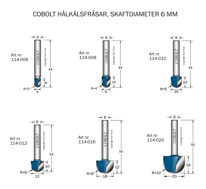 Hålkälsfräsar med skaftdiameter 6 mm