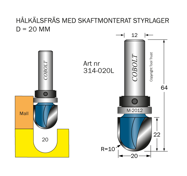 Hålkälsfräs med skaftmonterat styrlager D=20 S=12