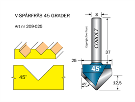 V-spårfräs 45° L=12.5 D=25 S=8